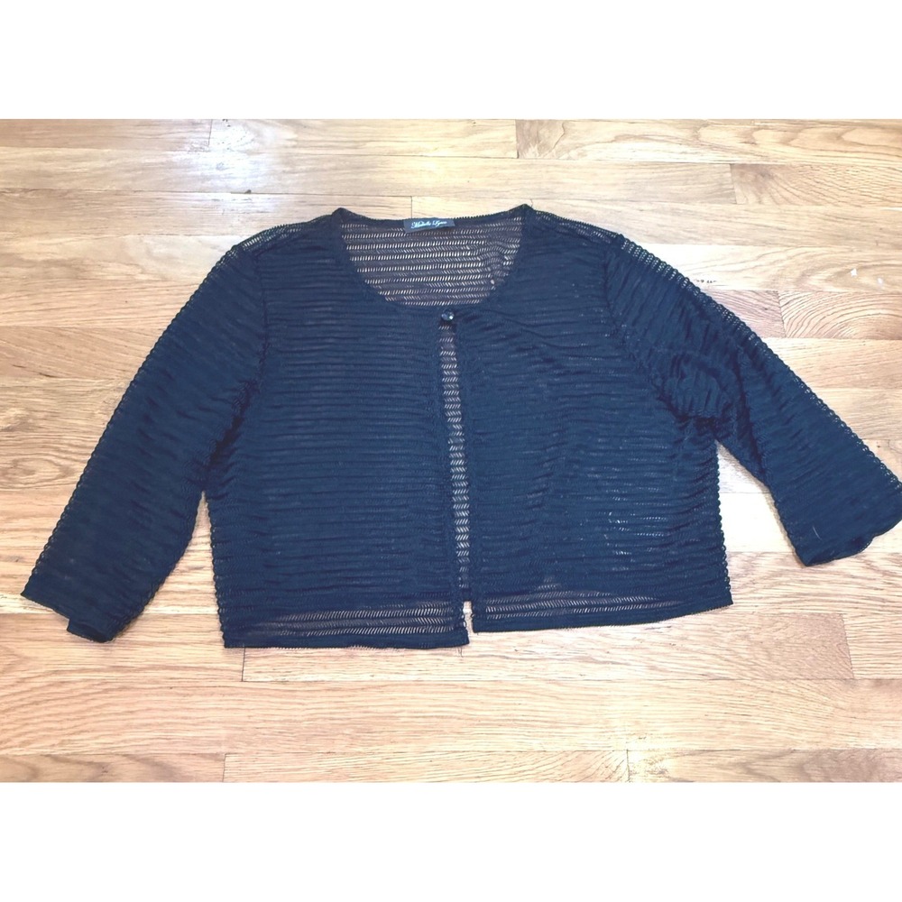 Michelle Lynn Black Mesh Cropped Cardigan Shrug Single Button 3/4 Sleeve L